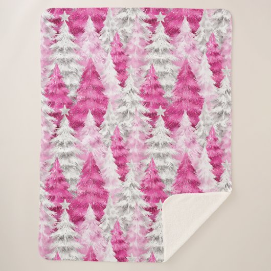 Girly Pink Silver Glam Christmas Trees Stripes Sherpadecke (Vorderseite)