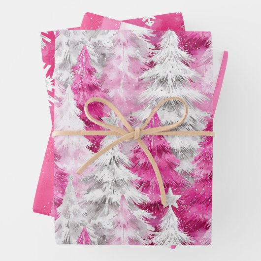 Girly Pink Silver Glam Weihnachtsbaumen Streifen Geschenkpapier Set (Beispiel)