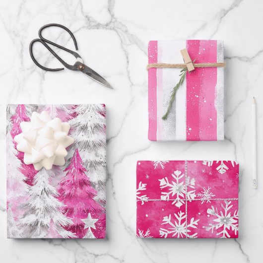 Girly Pink Silver Glam Weihnachtsbaumen Streifen Geschenkpapier Set (Vorderseite)
