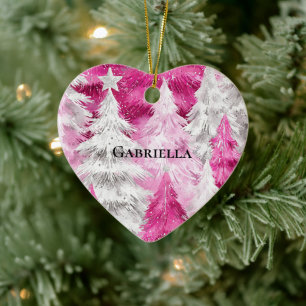Girly Pink Silver Glam Weihnachtsbaumen Streifen Keramik Ornament
