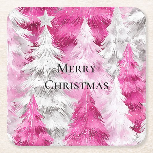 Girly Pink Silver Glam Weihnachtsbaumen Streifen Rechteckiger Pappuntersetzer (Vorderseite)