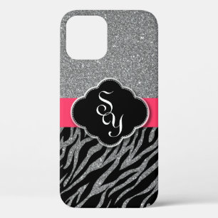 Girly Pink Silver Glitzer Zebra Pattern Initials Case-Mate iPhone Hülle