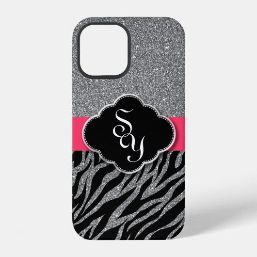 Girly Pink Silver Glitzer Zebra Pattern Initials iPhone Hülle (Rückseite)