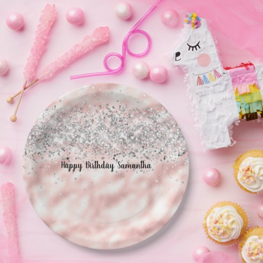 Girly Pink Silver Glitzy Glitzer Sparkle Confetti Pappteller (Party)