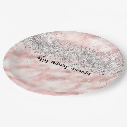 Girly Pink Silver Glitzy Glitzer Sparkle Confetti Pappteller (Schrägansicht)