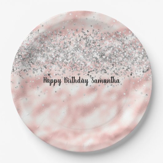 Girly Pink Silver Glitzy Glitzer Sparkle Confetti Pappteller (Vorderseite)