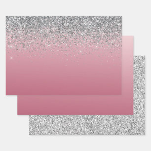 Girly Pink Silver Sparkle Glitzer Geschenkpapier Set