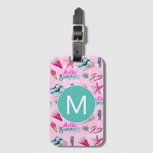 Girly Pink Sommer Strand Urlaub Muster Monogramm Gepäckanhänger (Vorderseite Vertikal)