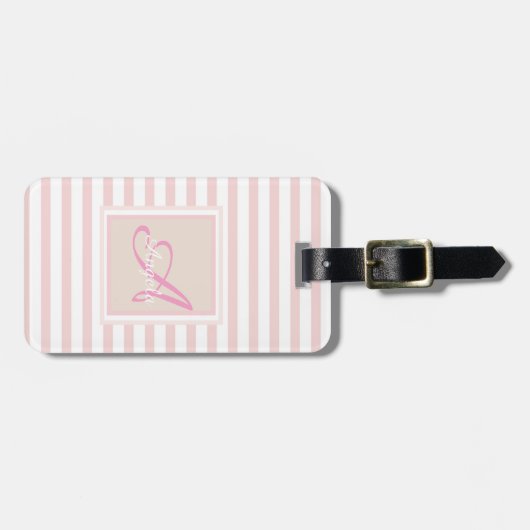 Girly Pink Stripe Monogram Personalisiert Gepäckanhänger (Vorderseite horizontal)