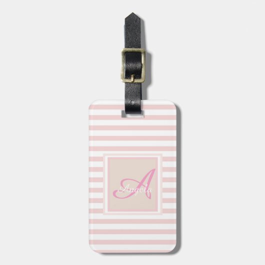 Girly Pink Stripe Monogram Personalisiert Gepäckanhänger (Vorderseite vertikal)