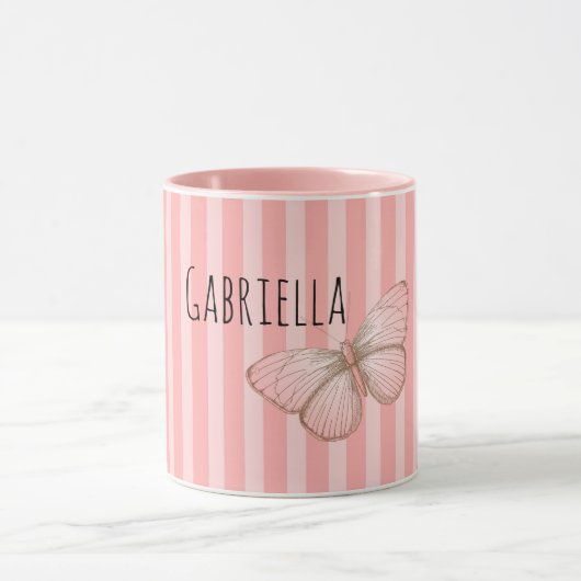 Girly Pink Stripes Butterfly Tasse (Zentrum)