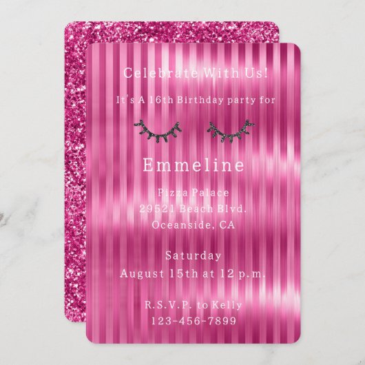 Girly Pink Stripes Glitzy Black Glitzer Eyelashes Einladung (Vorne/Hinten)