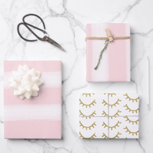 Girly Pink Stripes Gold Glitter Eyelashes Sparkle Geschenkpapier Set (Vorderseite)