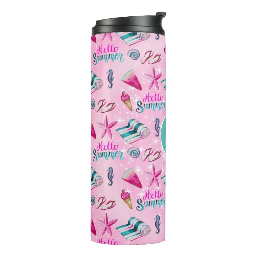 Girly Pink Summer Beach Holiday Pattern Monogram Thermosbecher (Nach links gedreht)