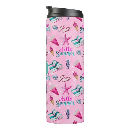 Girly Pink Summer Beach Holiday Pattern Monogram Thermosbecher (Nach rechts gedreht)