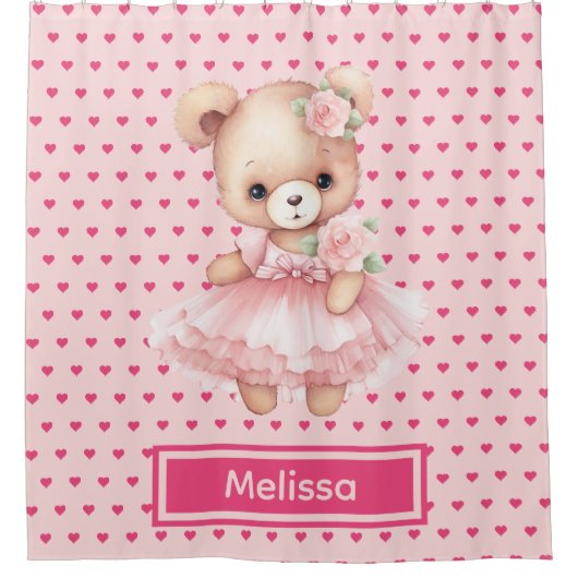 Girly Pink Teddy Bear Monogram Duschvorhänge Duschvorhang (Vorderseite)