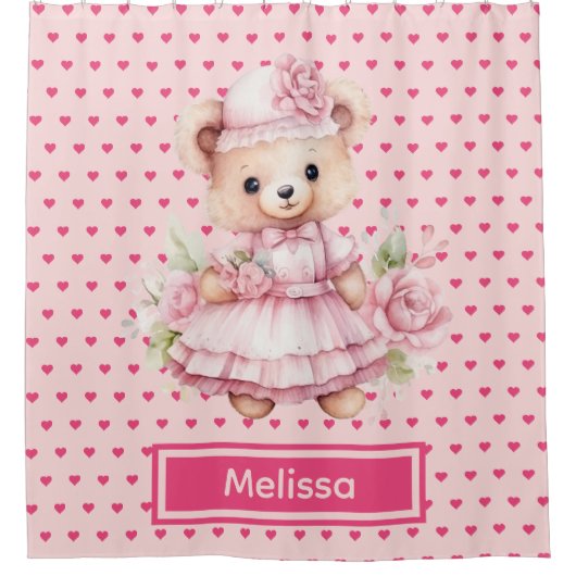Girly Pink Teddy Bear Monogram Duschvorhänge Duschvorhang (Vorderseite)