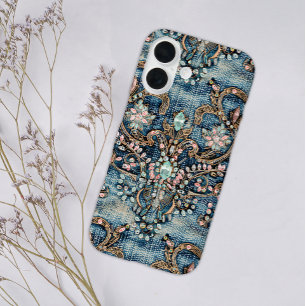 Girly Pink Türkquoise Stone Blue Denim iPhone 16 Hülle