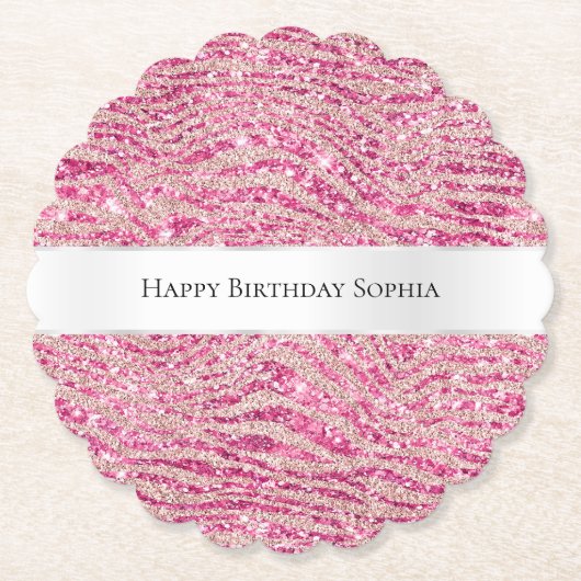 Girly Pink und Blush Glitzer Zebra Birthday Untersetzer (Vorderseite)
