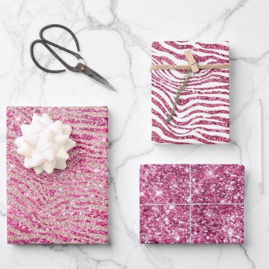 Girly Pink und Blush Glitzer Zebra Geschenkpapier Set (Vorderseite)