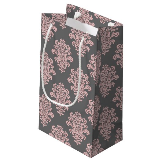 Girly Pink und Gray Damask Danke Kleine Geschenktüte (Rückseite Schrägansicht)