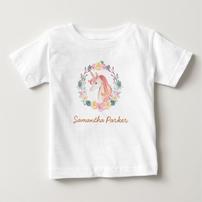 Girly Pink Unicorn Blumengrün Baby T-shirt (Vorderseite)
