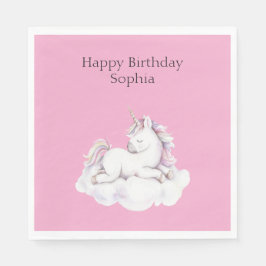 Girly Pink Unicorn on Cloud Birthday Serviette