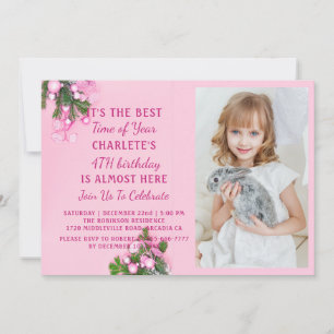 Girly Pink vierte Weihnachts-Geburtstagsfeier Foto Einladung