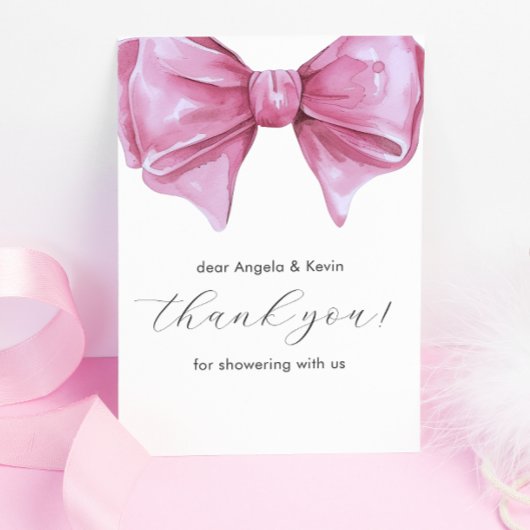 Girly Pink Watercolor Bow Babydusche Dankeskarte