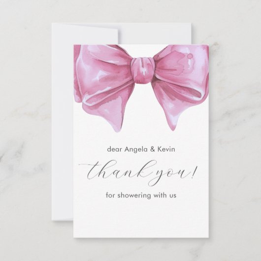 Girly Pink Watercolor Bow Babydusche Dankeskarte (Vorderseite)