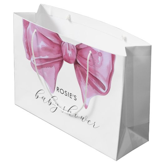 Girly Pink Watercolor Bow Babydusche Große Geschenktüte (Rückseite Schrägansicht)