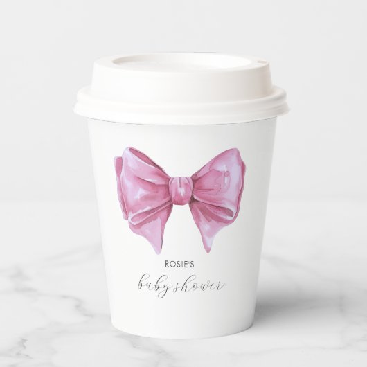 Girly Pink Watercolor Bow Babydusche Pappbecher (Vorderseite)