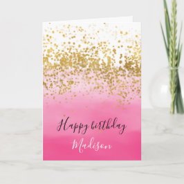 Girly Pink Watercolor Ombre Gold Confetti Karte