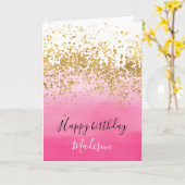 Girly Pink Watercolor Ombre Gold Confetti Karte (Gelbe Blume)