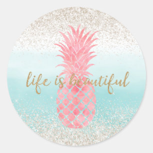 Girly Pink Watercolor Tropische Ananas Runder Aufkleber