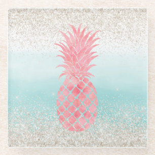 Girly Pink Watercolor Tropischer Ananas Glasuntersetzer