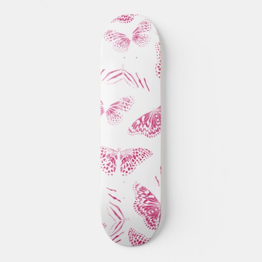 Girly Pink White Butterfets Wasserfarben Muster Skateboard (Vorderseite)