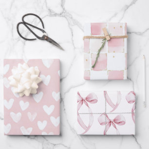 Girly Pink White Hearts Geburtstag Geschenkpapier Set