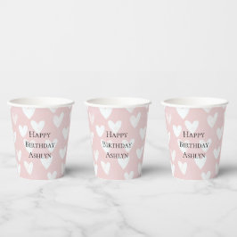 Girly Pink White Hearts Geburtstag Pappbecher