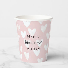 Girly Pink White Hearts Geburtstag Pappbecher