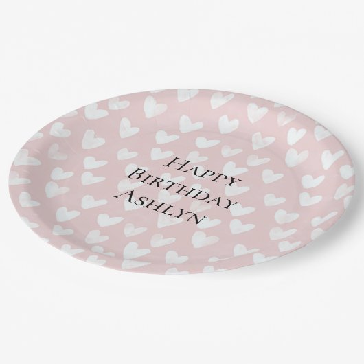 Girly Pink White Hearts Geburtstag Pappteller (Schrägansicht)