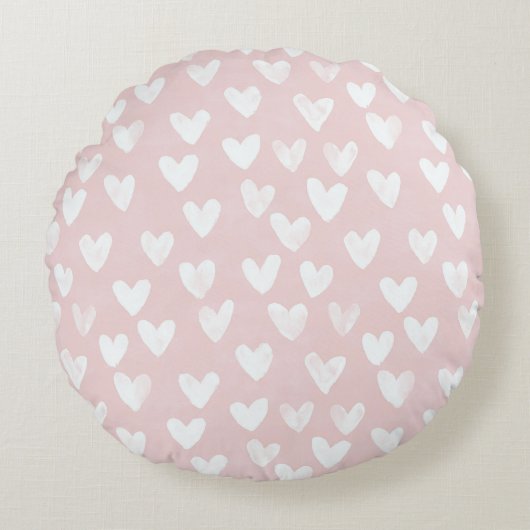 Girly Pink White Hearts Rundes Kissen (Vorderseite)