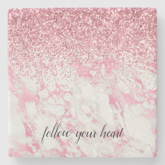 Girly Pink White Marble Glitzer Steinuntersetzer (Vorderseite)