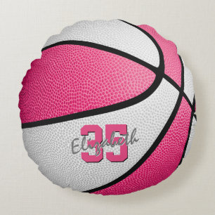Girly Pink White Personalized Basketball Rundes Kissen