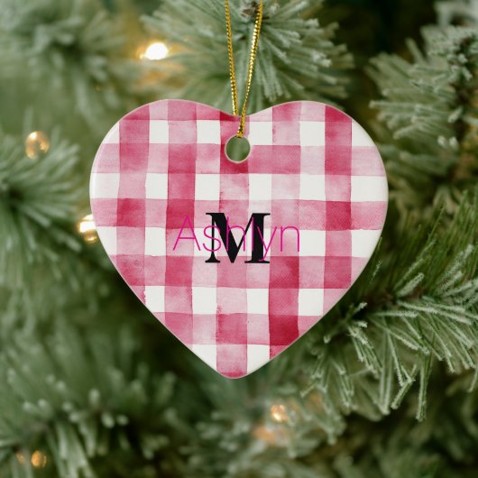 Girly Pink White Plaid Stripes Monogram Christmas Keramik Ornament (Baum)