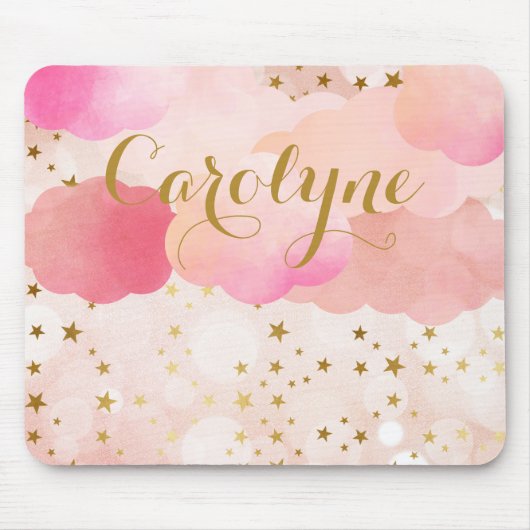Girly-Pink-Wolken und fallende Sterne Personalisie Mousepad (Vorne)