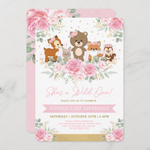 Girly Pink Woodland Floral Wild 1. Geburtstag Einladung