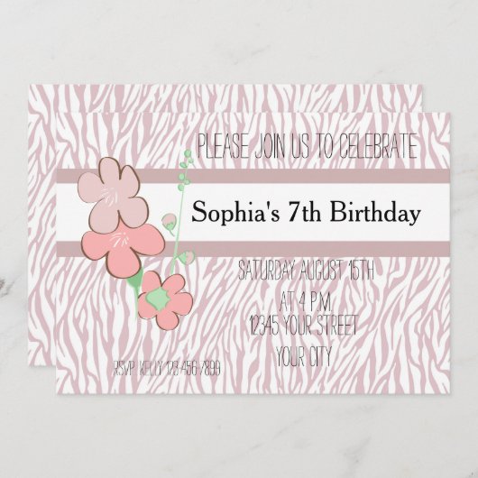 Girly Pink Zebra Print Einladung (Vorne/Hinten)