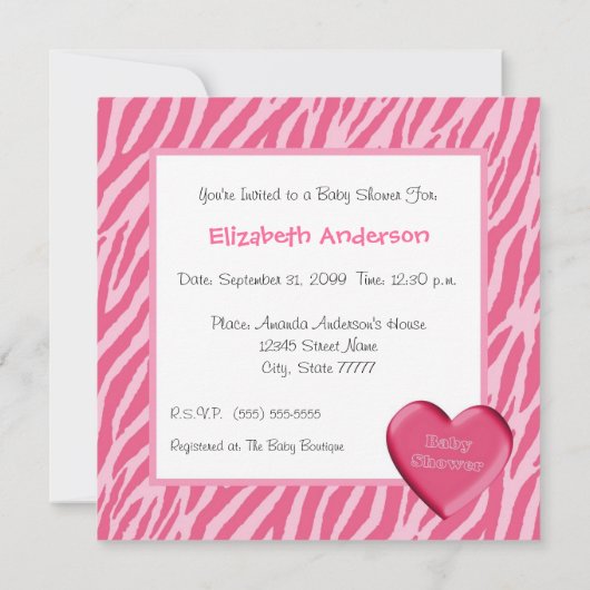 Girly Pink Zebra Print Girl Babydusche Einladung (Rückseite)
