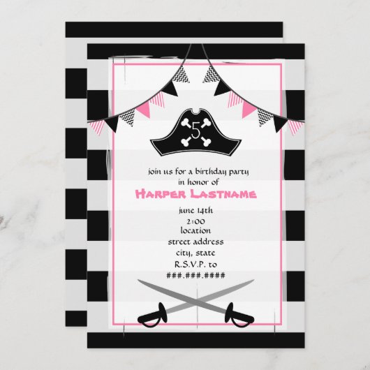 Girly Pirate Geburtstagsparty Einladung (Vorne/Hinten)